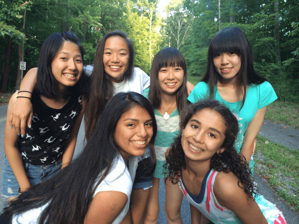 New friends pausing for a group photo on the way up the hill from dinner. From left (top row) - Wennie, from Taiwan; Maddy, from Virginia; Tomoha, from Japan; Bonnie, from Taiwan; (bottom) Ruby from MA/ Guatemala and Devi, from Maryland
